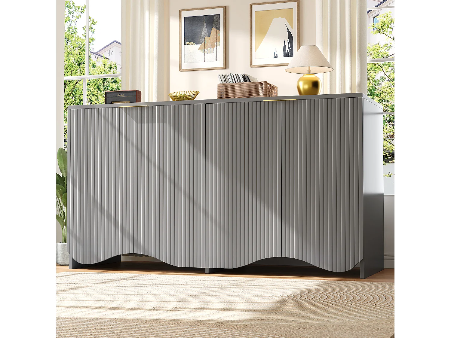 Buffet avec 4 portes - 140 x 40 x 85 cm - MDF + métal - pour salle à manger et salon - Gris