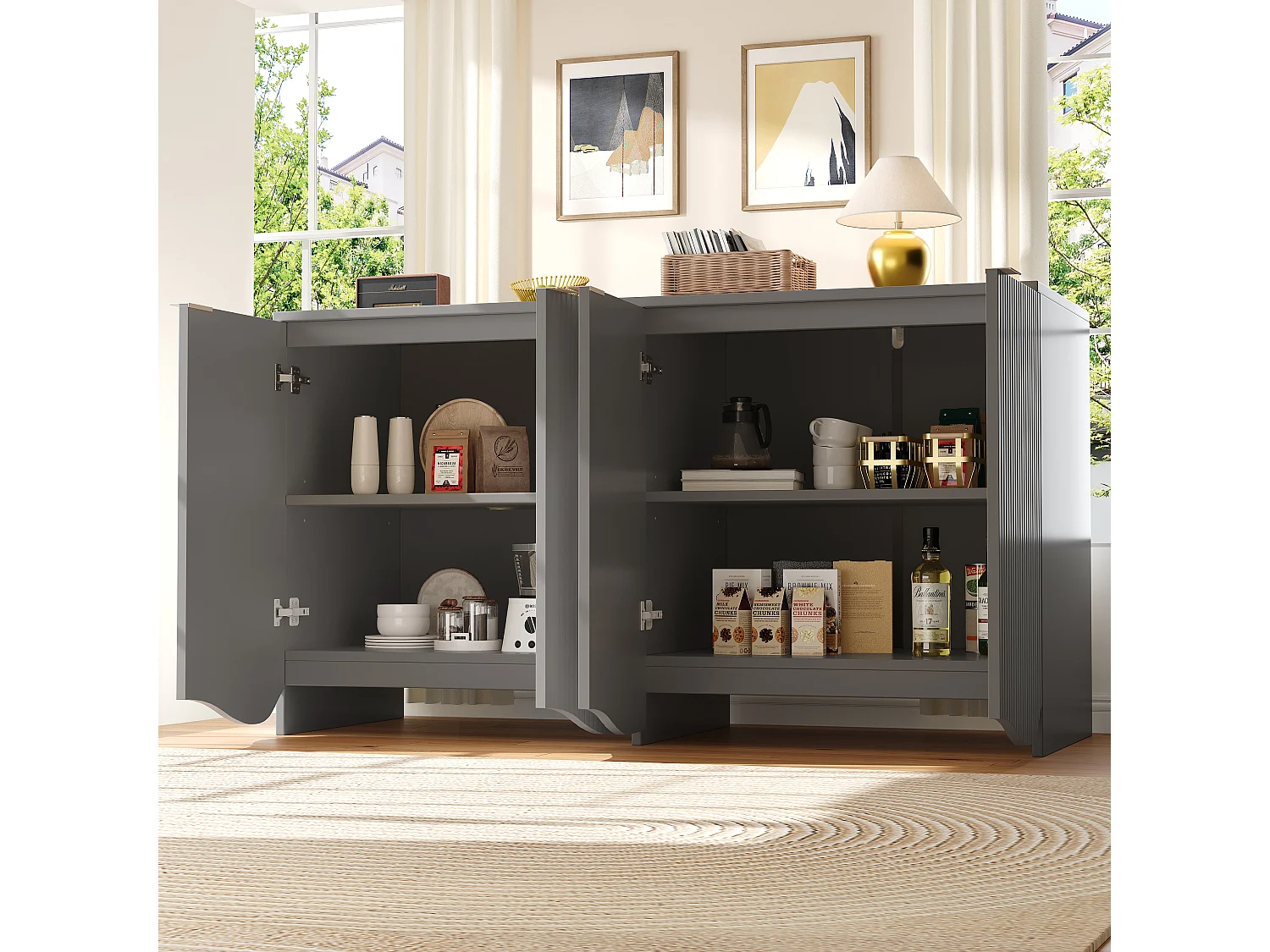 Buffet avec 4 portes - 140 x 40 x 85 cm - MDF + métal - pour salle à manger et salon - Gris