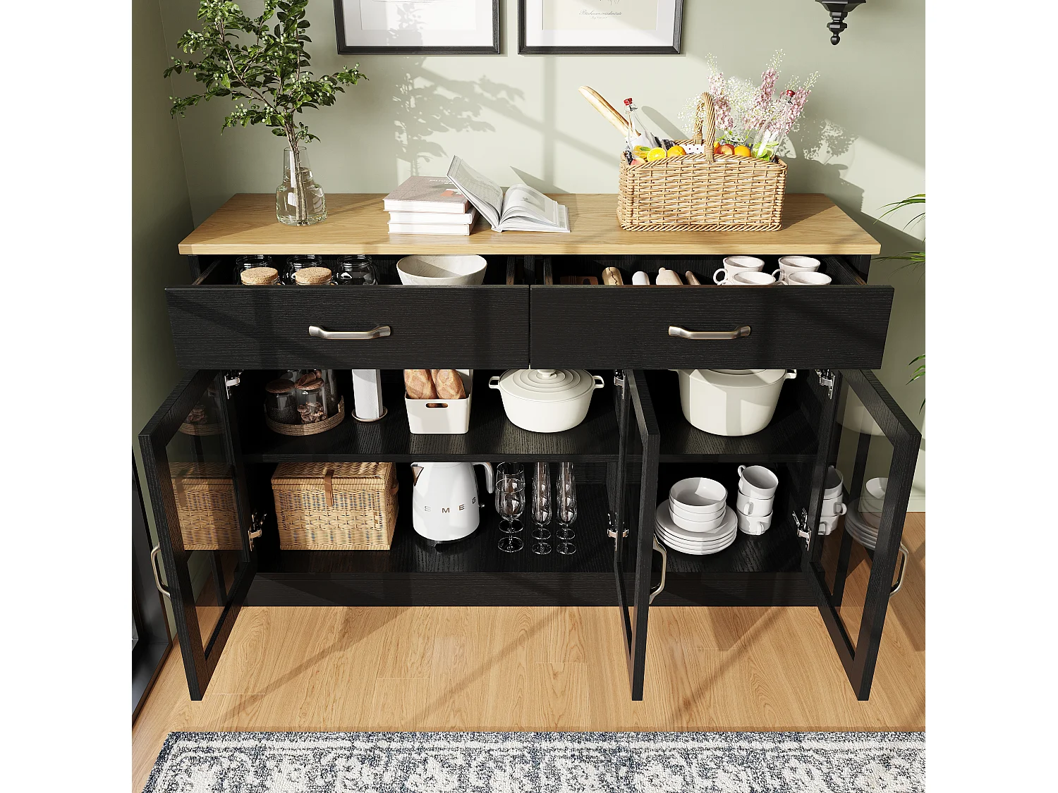 Buffet de cuisine avec 2 tiroirs et 3 portes en verre - 120 x 40 x 84 cm - Bois MDF - Noir + naturel