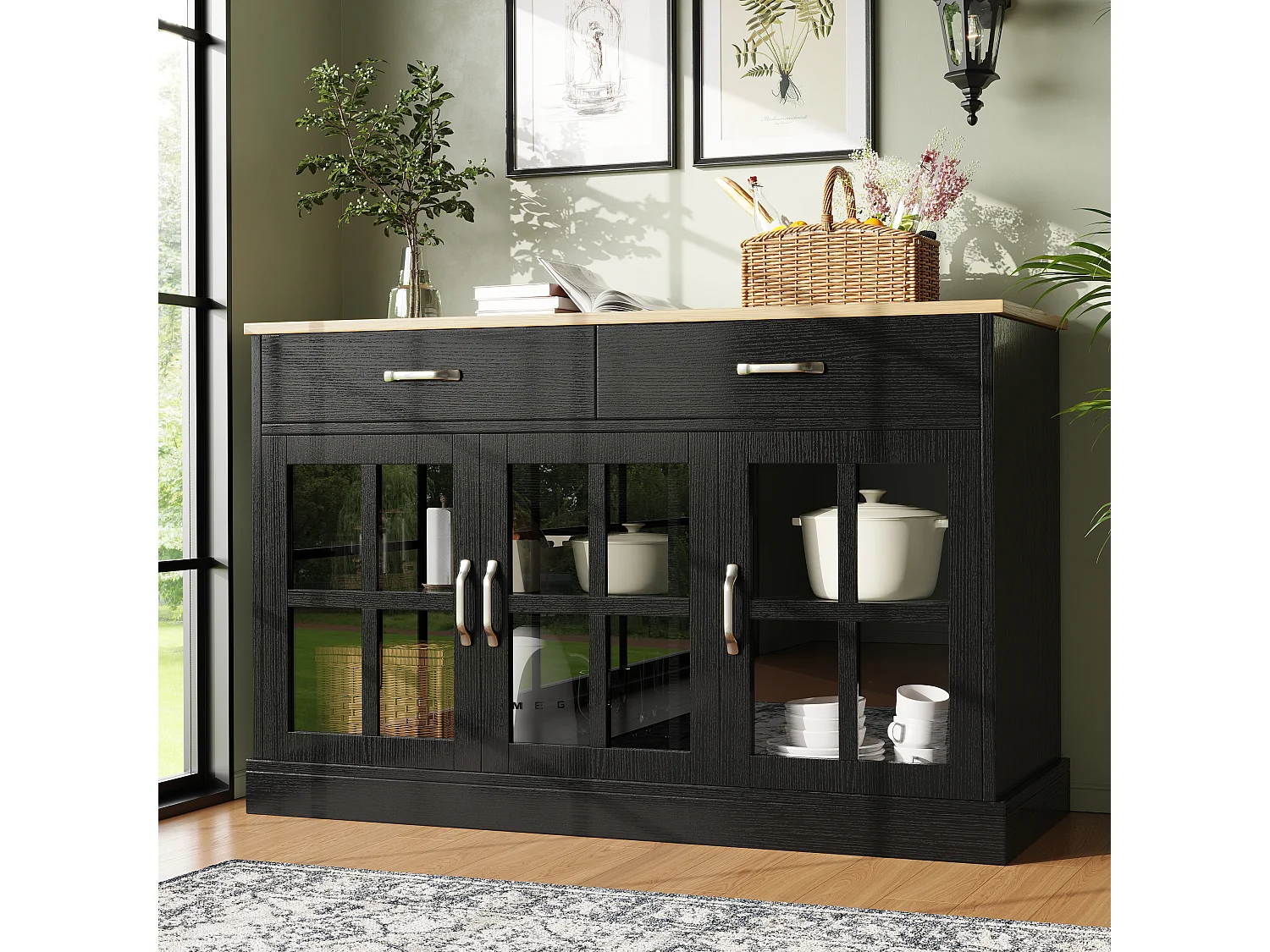 Buffet de cuisine avec 2 tiroirs et 3 portes en verre - 120 x 40 x 84 cm - Bois MDF - Noir + naturel
