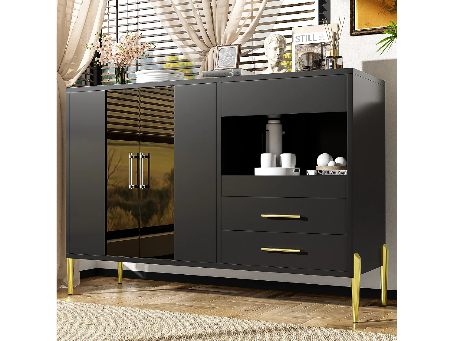 Buffet de cuisine avec 2 portes en verre et 3 tiroirs - 120 x 39.5 x 84 cm - MDF et pièds en métal doré - Noir