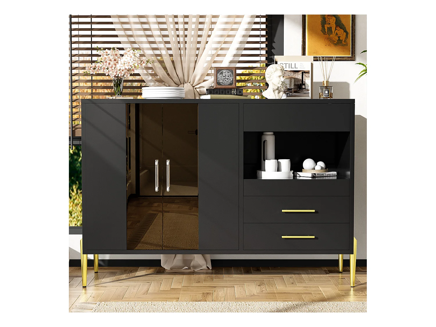 Buffet de cuisine avec 2 portes en verre et 3 tiroirs - 120 x 39.5 x 84 cm - MDF et pièds en métal doré - Noir