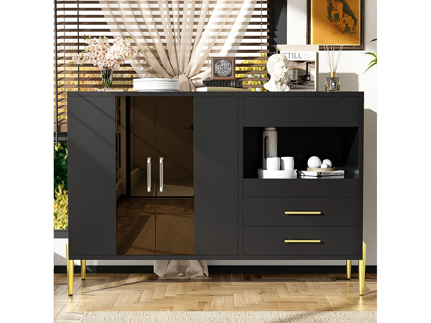 Keuken dressoir met 2 glazen deuren en 3 laden - 120 x 39,5 x 84 cm - MDF en gouden metalen poten - Zwart