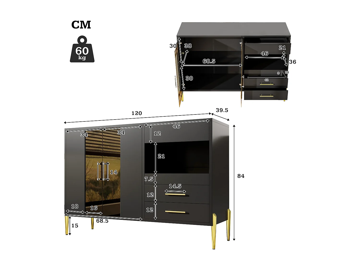 Keuken dressoir met 2 glazen deuren en 3 laden - 120 x 39,5 x 84 cm - MDF en gouden metalen poten - Zwart
