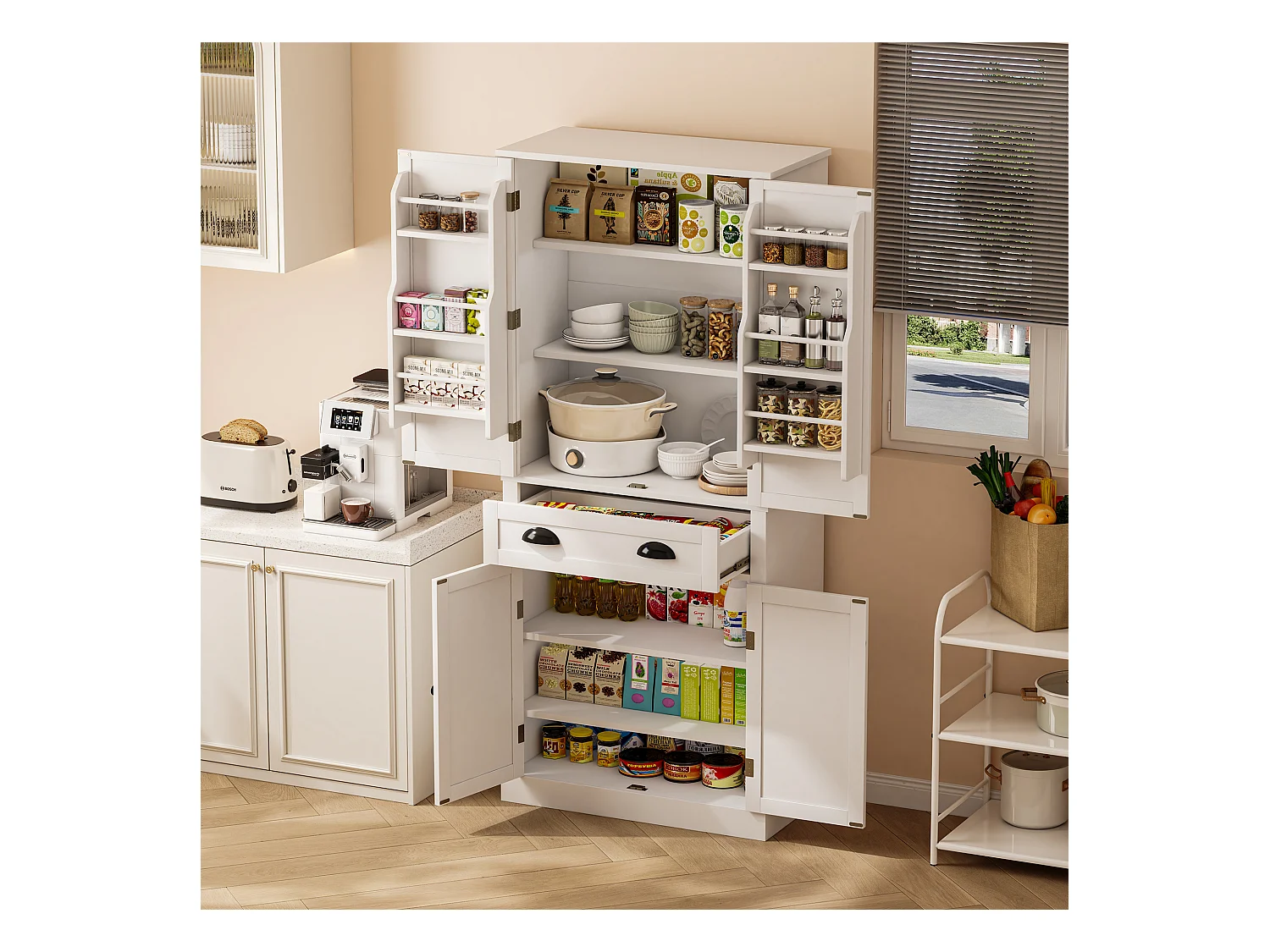Buffet de cuisine avec 4 portes et 1 tiroir - 80 x 40 x 182 cm - étagères réglables - Bois MDF - Blanc