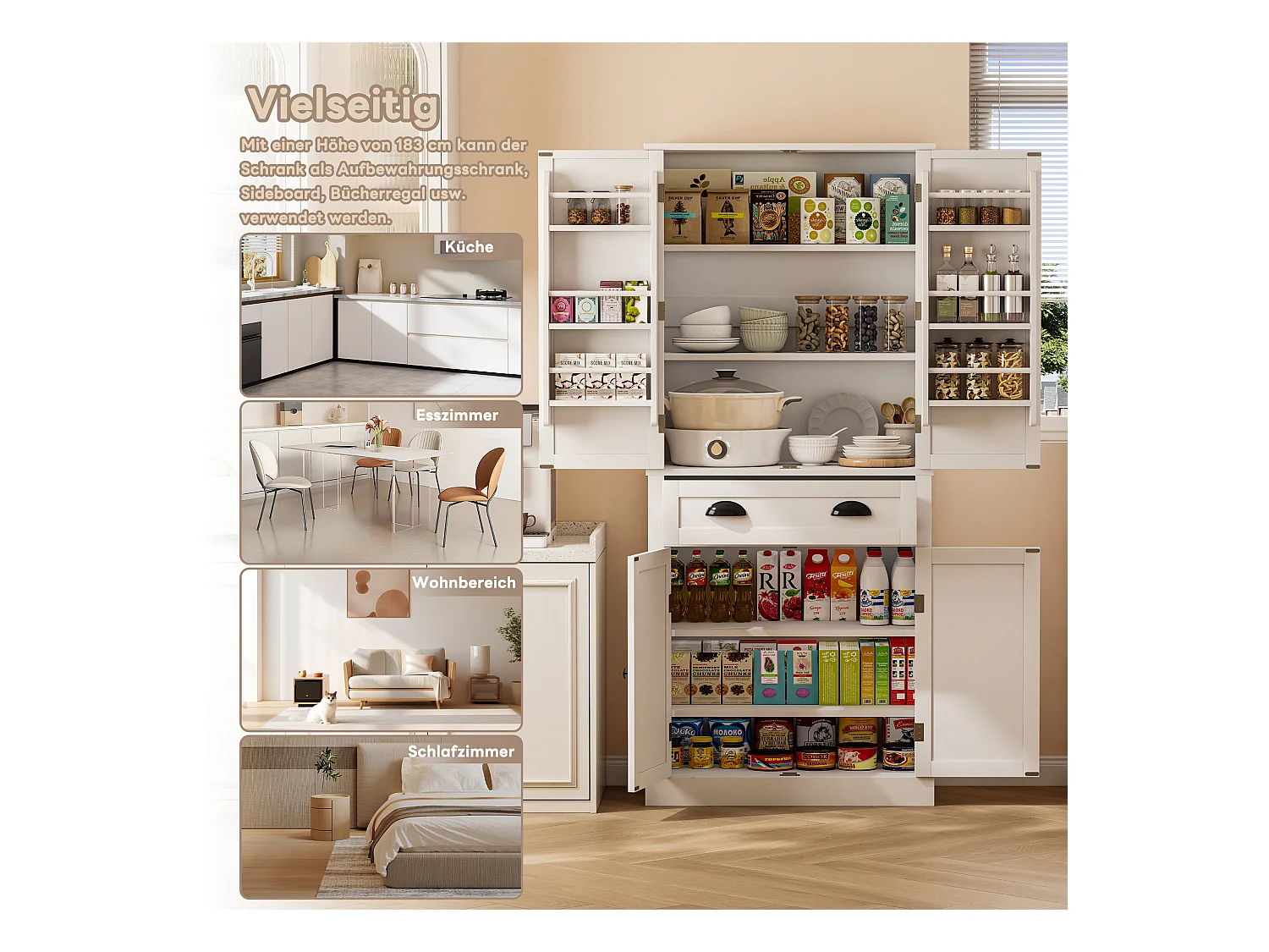 Buffet de cuisine avec 4 portes et 1 tiroir - 80 x 40 x 182 cm - étagères réglables - Bois MDF - Blanc