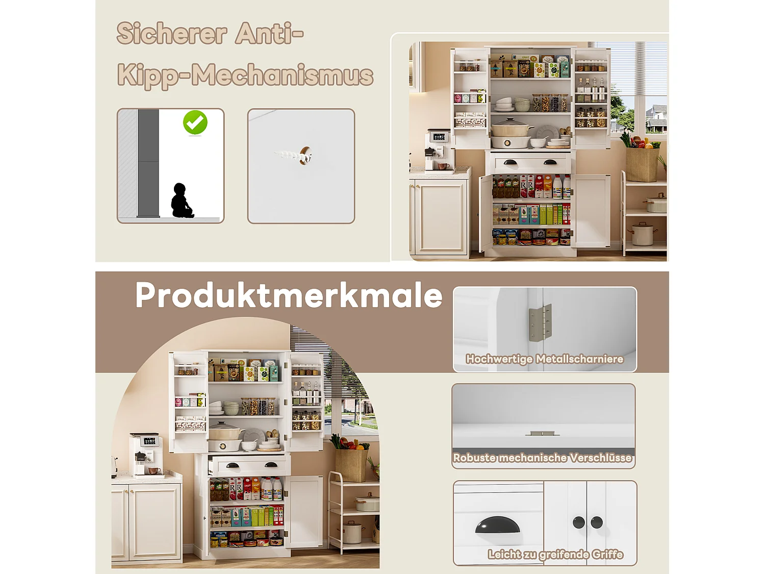 Buffet de cuisine avec 4 portes et 1 tiroir - 80 x 40 x 182 cm - étagères réglables - Bois MDF - Blanc