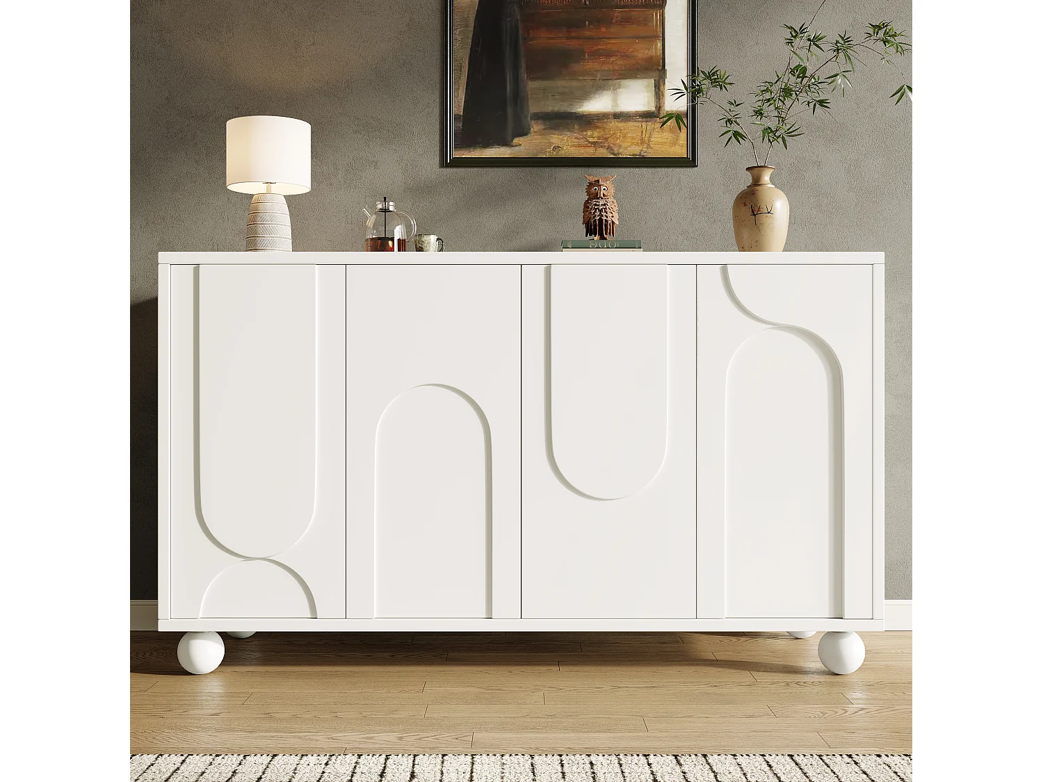 Nowoczesny kredens z 4 drzwiami - 120 x 35 x 71 cm - MDF - Regulowane półki - do jadalni i salonu - Biały