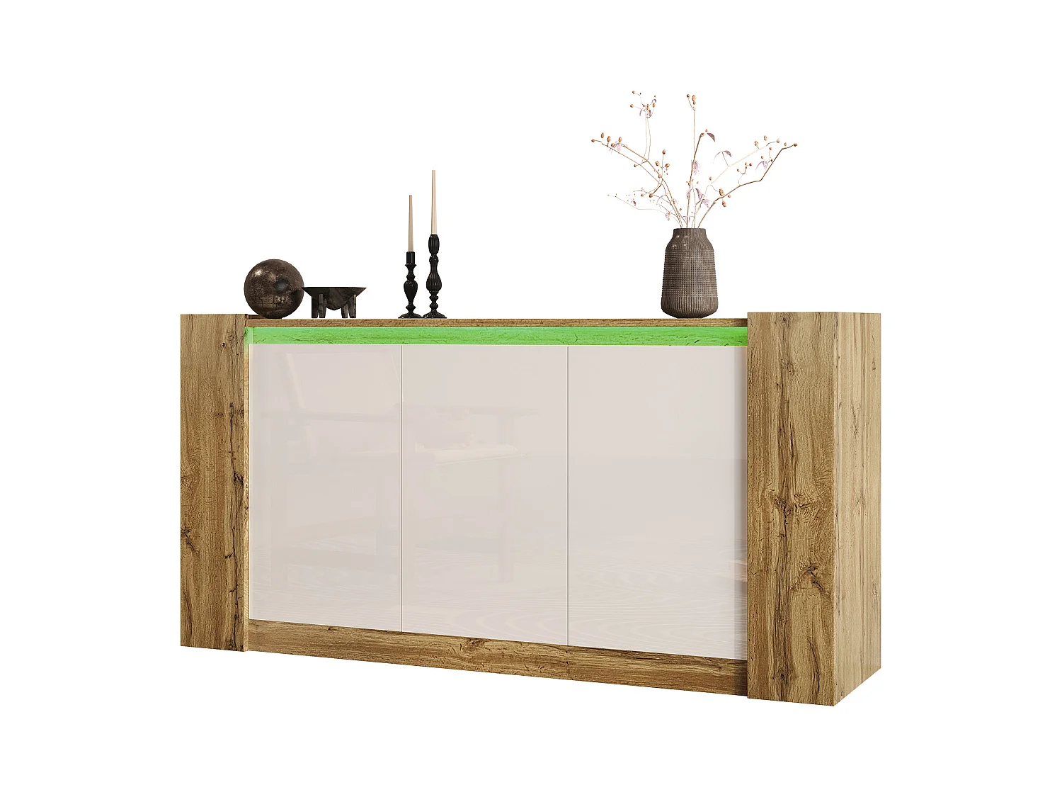 Buffet avec 3 portes en blanc brillant - 150 x 40 x 70.5 cm - LEDs - Etagères réglables - panneau de particules - Naturel et blanc