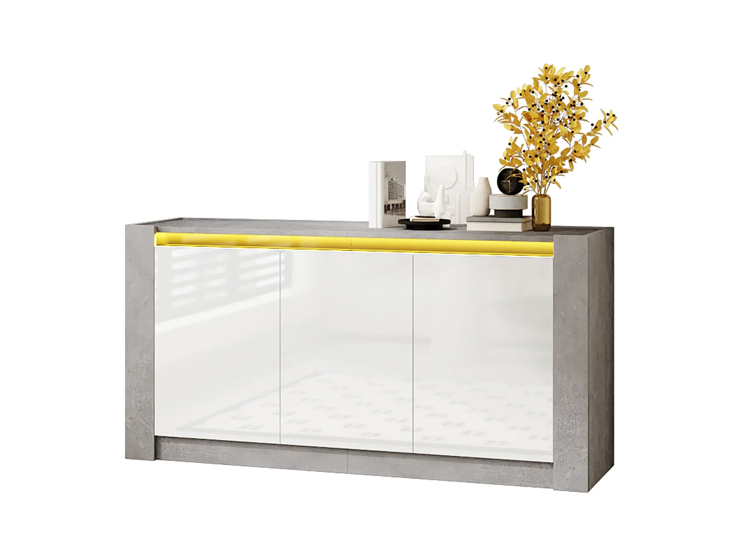 Buffet avec 3 portes à haute brillance - 150 x 40 x 75 cm - LEDs - Etagères réglables - Panneau de particules - Blanc et gris