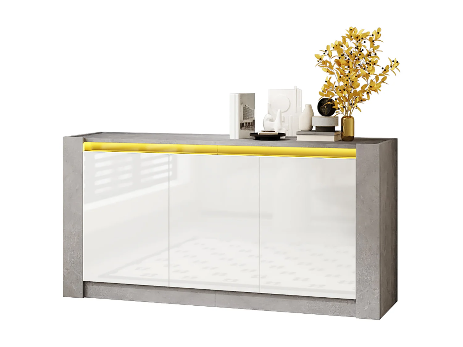 Buffet avec 3 portes à haute brillance - 150 x 40 x 75 cm - LEDs - Etagères réglables - Panneau de particules - Blanc et gris