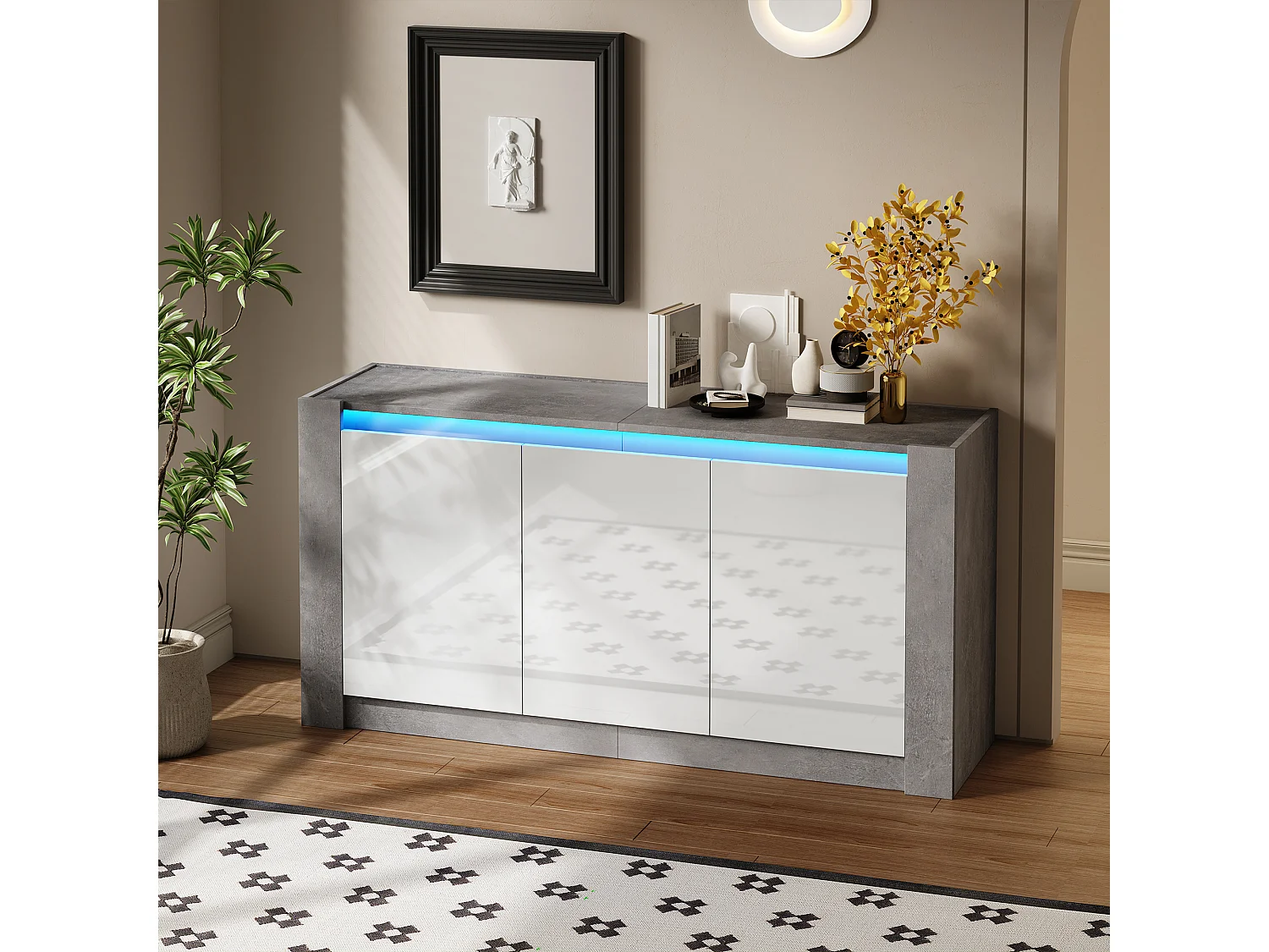 Buffet avec 3 portes à haute brillance - 150 x 40 x 75 cm - LEDs - Etagères réglables - Panneau de particules - Blanc et gris