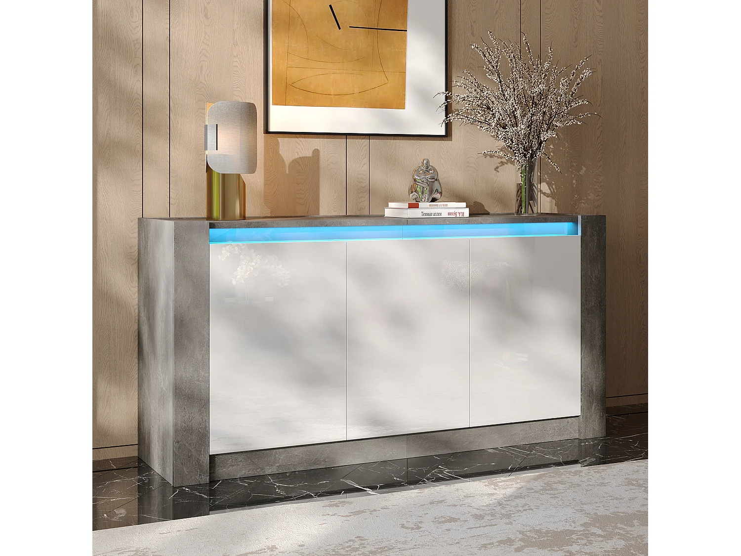 Buffet avec 3 portes à haute brillance - 150 x 40 x 75 cm - LEDs - Etagères réglables - Panneau de particules - Blanc et gris