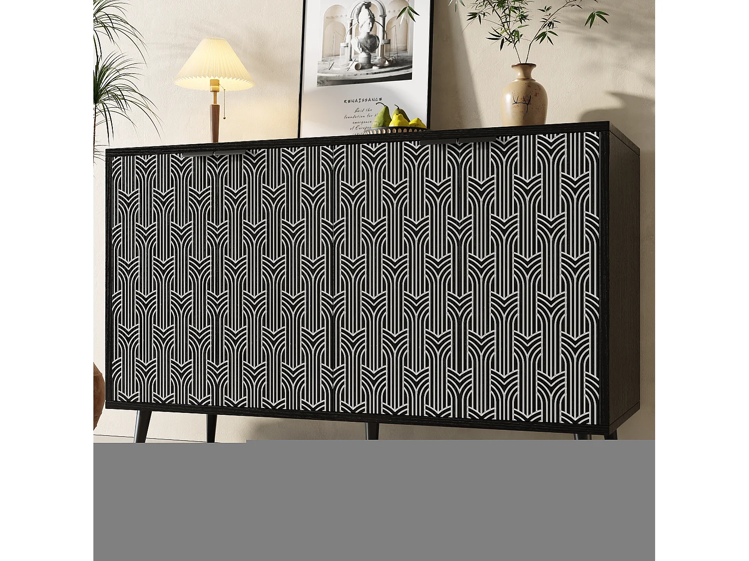 Buffet moderne avec 4 portes sculptée - 120 x 35 x 78 cm -  MDF - pour salle à manger et salon - Noir