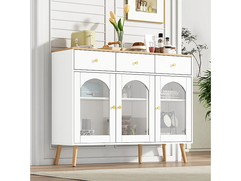 Credenza da cucina con 3 cassetti e 3 ante in vetro - 120 x 34 x 94 cm - Truciolare e gambe in legno - Bianco + naturale