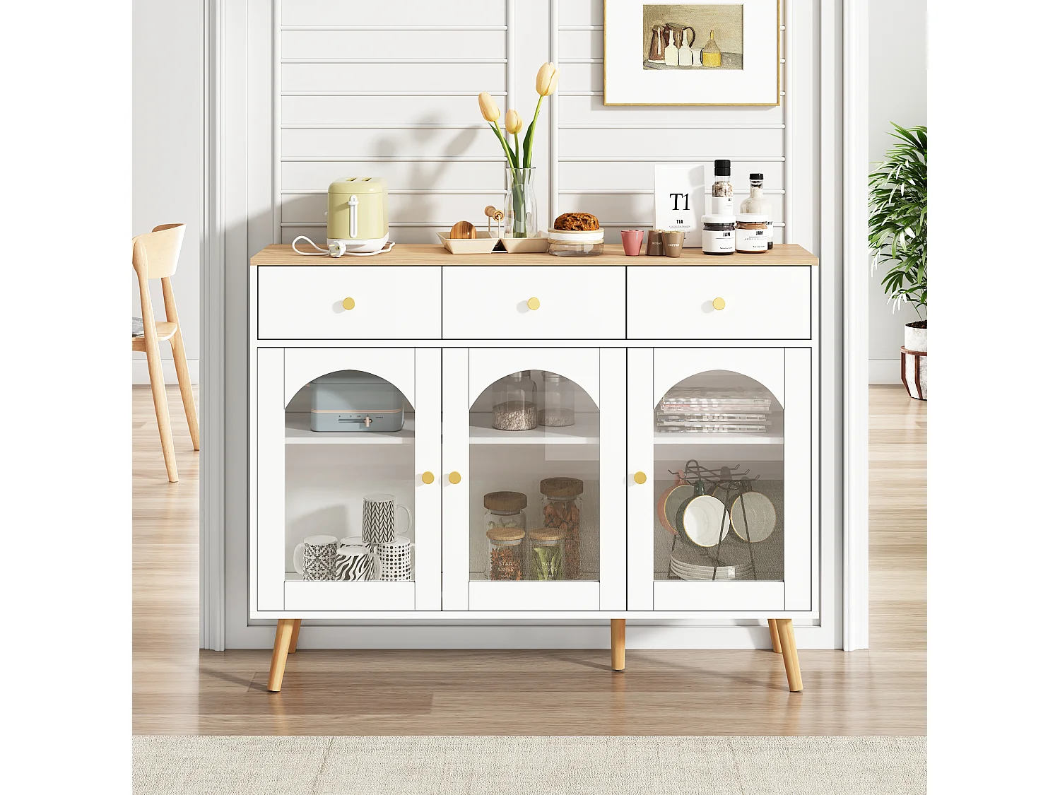 Keuken dressoir met 3 laden en 3 glazen deuren - 120 x 34 x 94 cm - Spaanplaat en houten poten - Wit + naturel