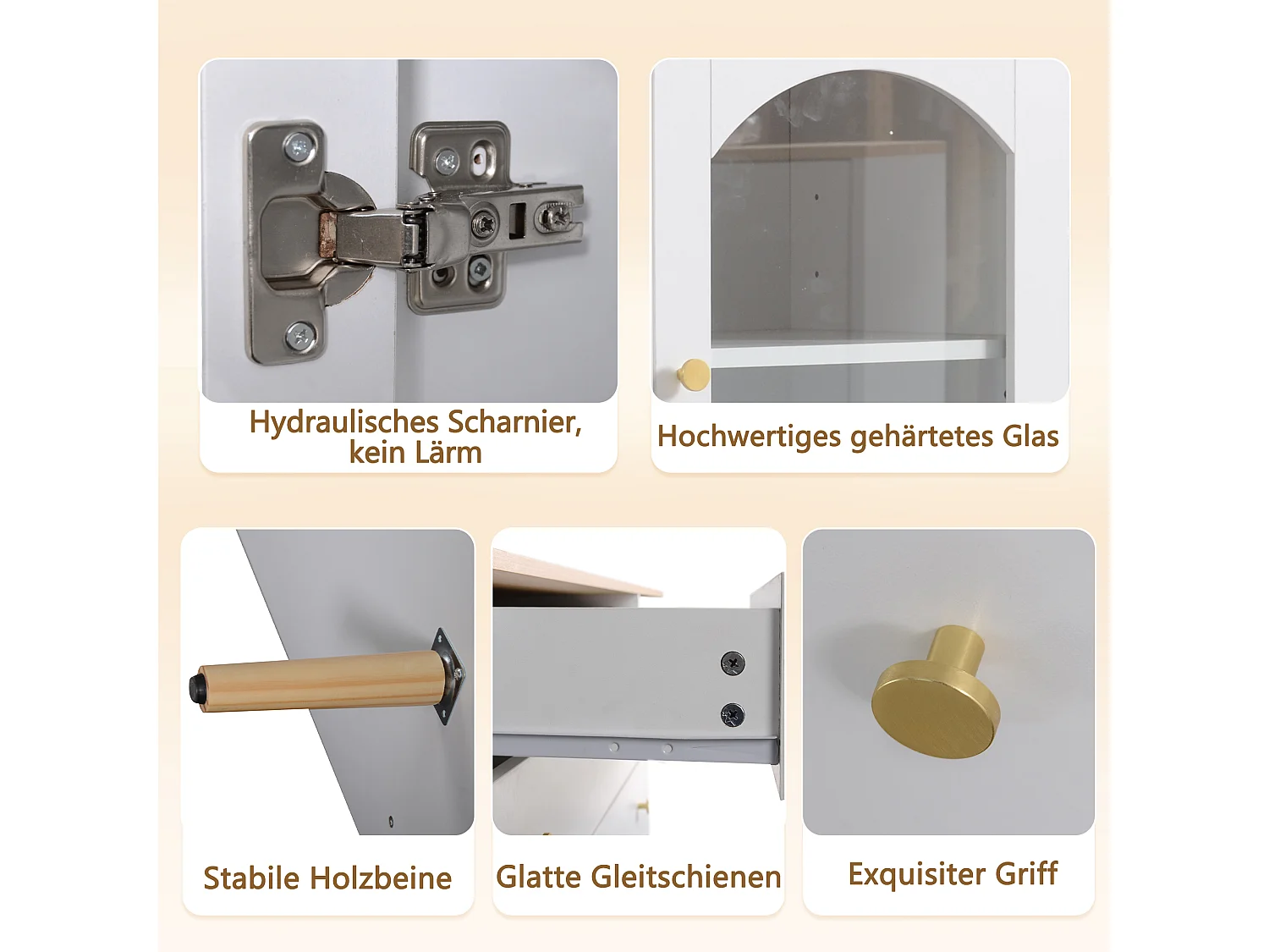 Keuken dressoir met 3 laden en 3 glazen deuren - 120 x 34 x 94 cm - Spaanplaat en houten poten - Wit + naturel