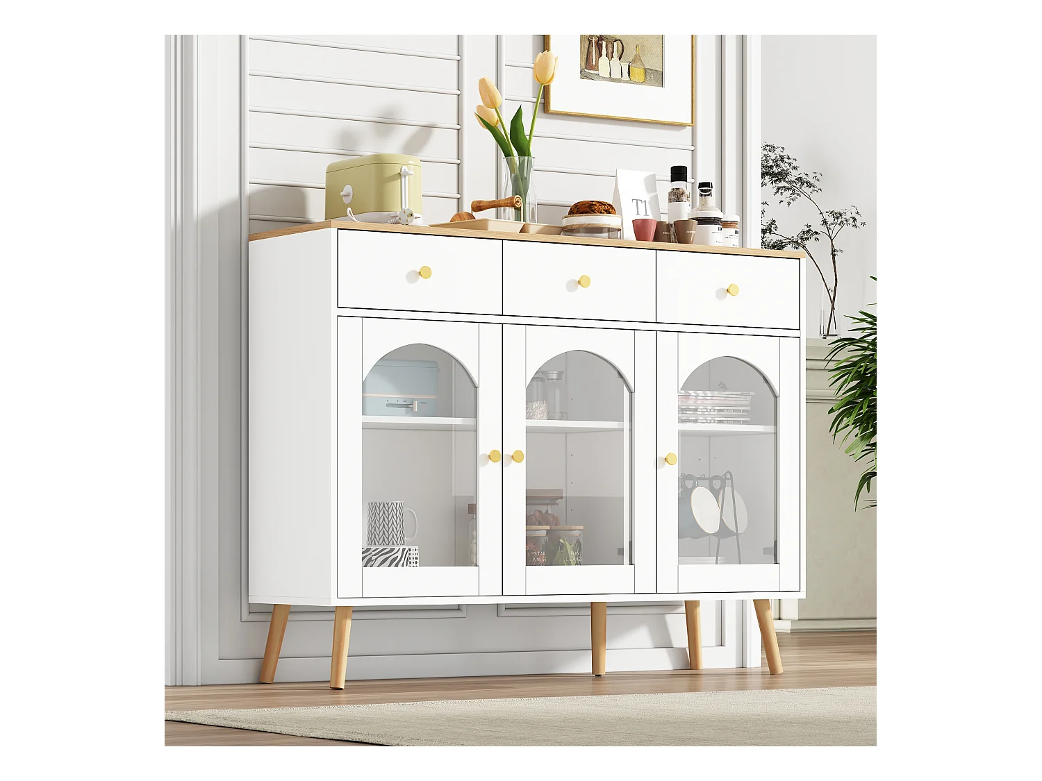 Buffet de cuisine avec 3 tiroirs et 3 portes en verre - 120 x 34 x 94 cm - Panneau de particules et Pièds en bois - Blanc + naturel