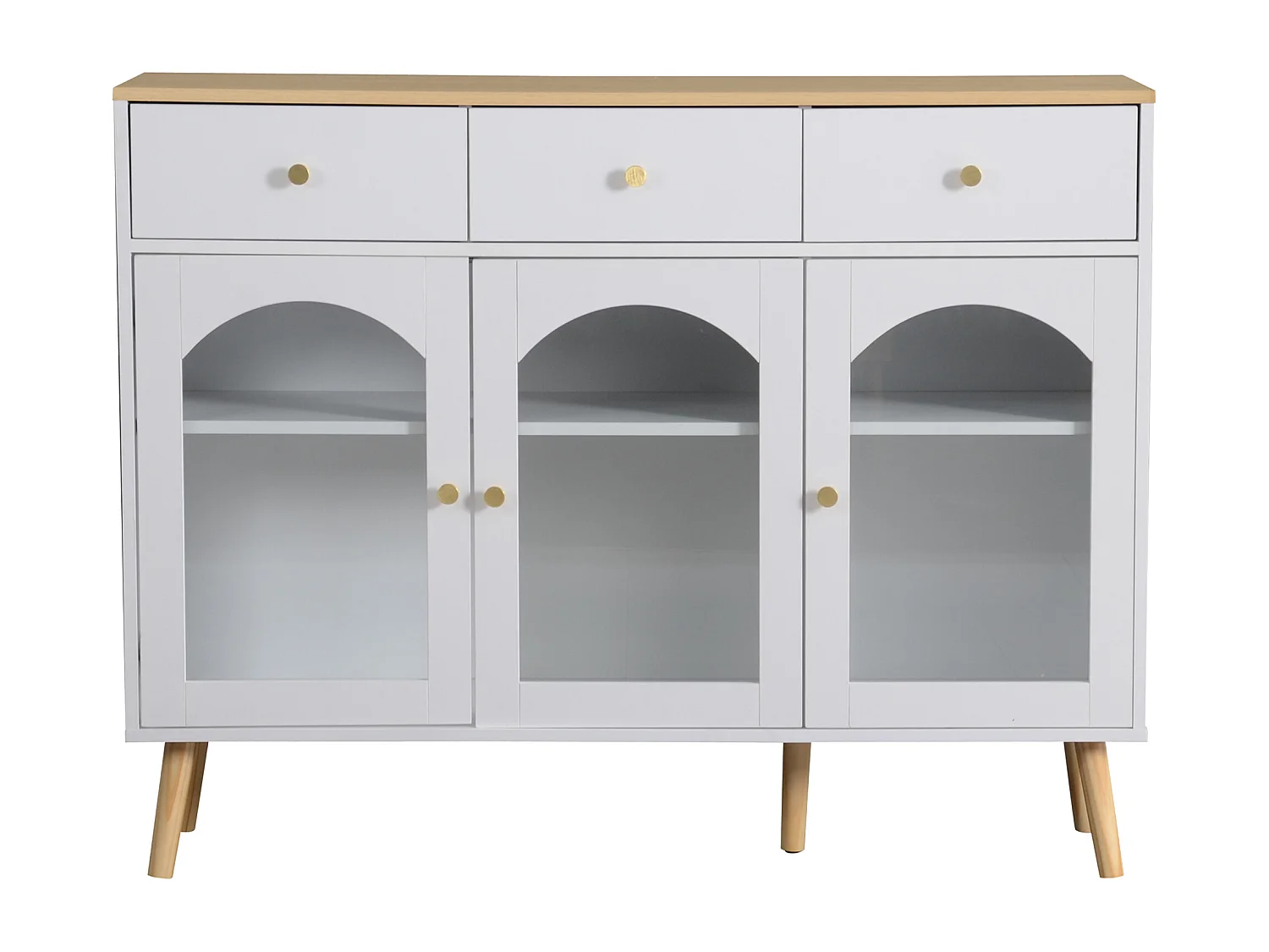 Buffet de cuisine avec 3 tiroirs et 3 portes en verre - 120 x 34 x 94 cm - Panneau de particules et Pièds en bois - Blanc + naturel