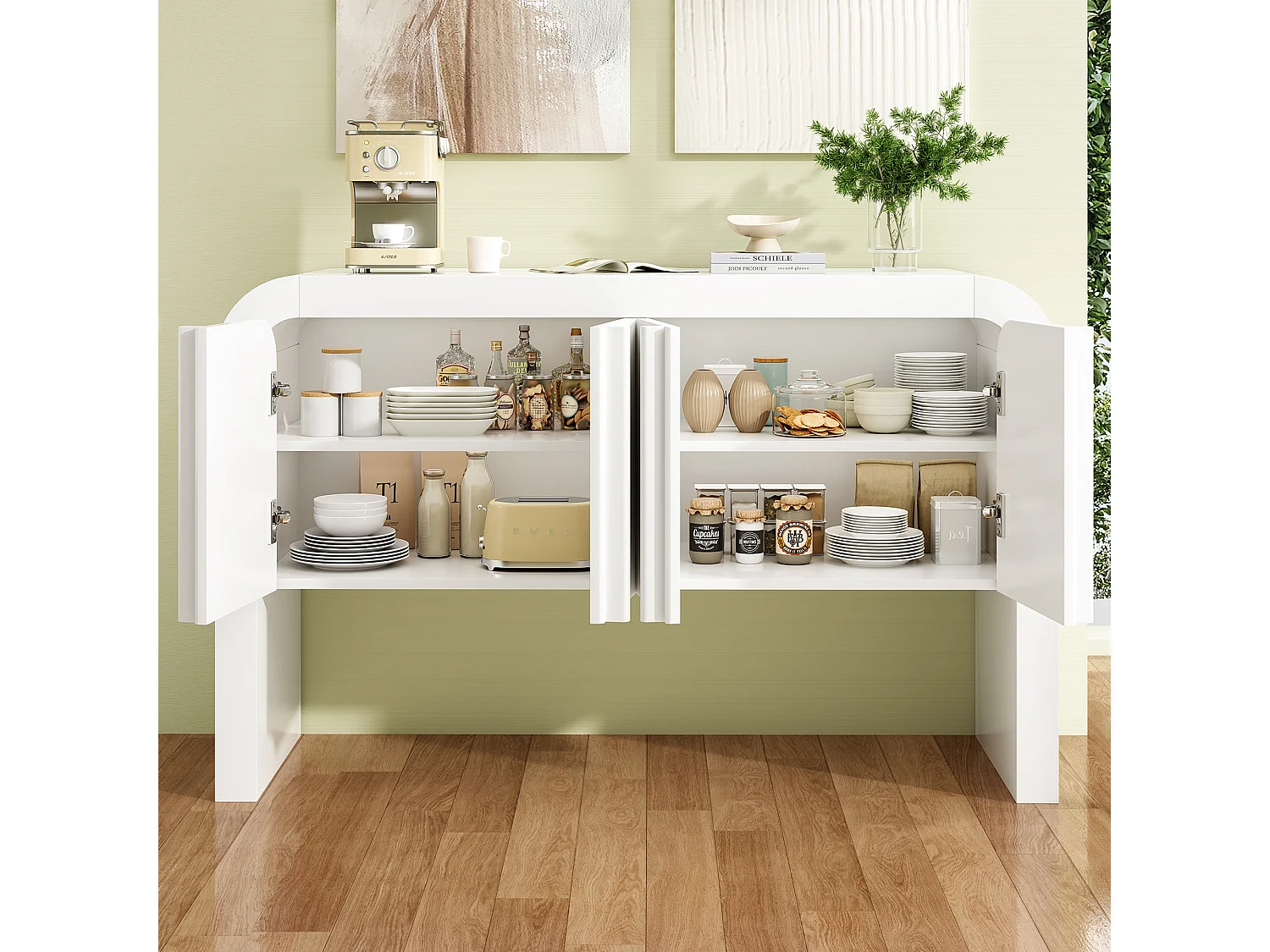 Buffet avec 4 portes magnétiques - 120 x 39.8 x 75 - Bois MDF - pour cuisine, salle à manger, salon - Blanc