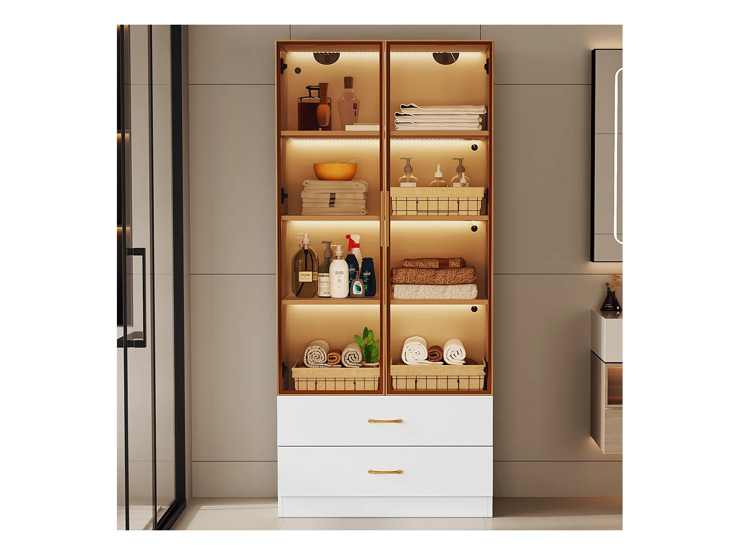 Vitrine, buffet haut avec 2 tiroirs et 2 portes en verre - 75 X 34.5 X 170 cm - Bois MDF - Marron