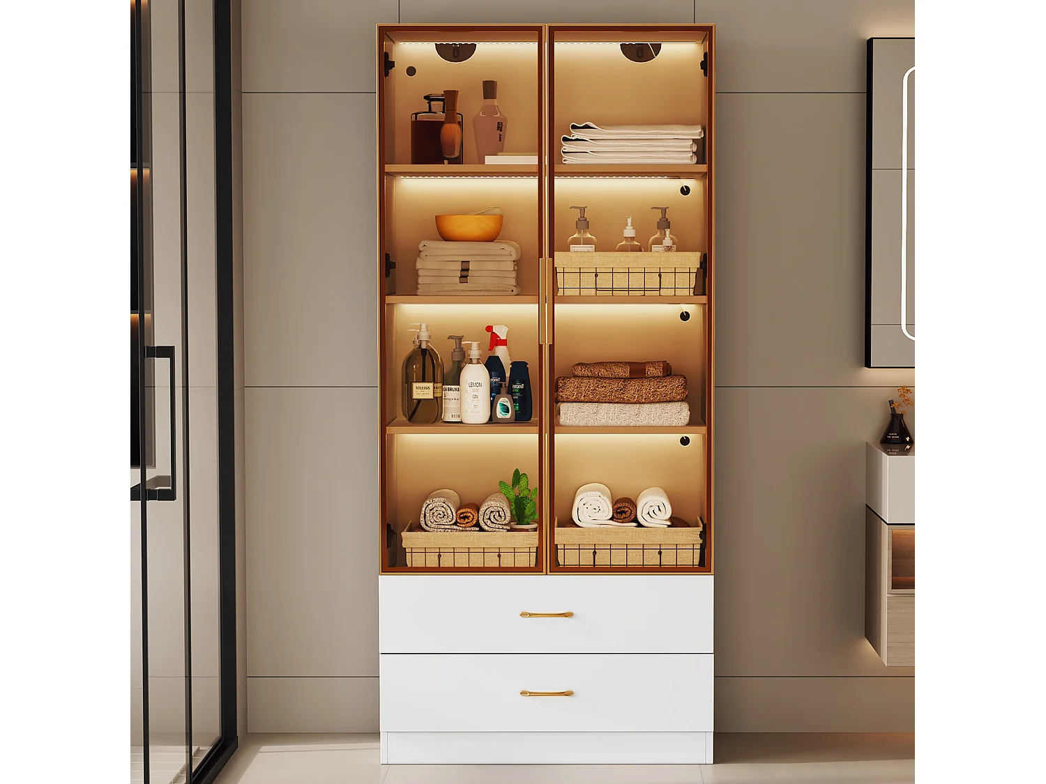 Vitrine, buffet haut avec 2 tiroirs et 2 portes en verre - 75 X 34.5 X 170 cm - Bois MDF - Marron