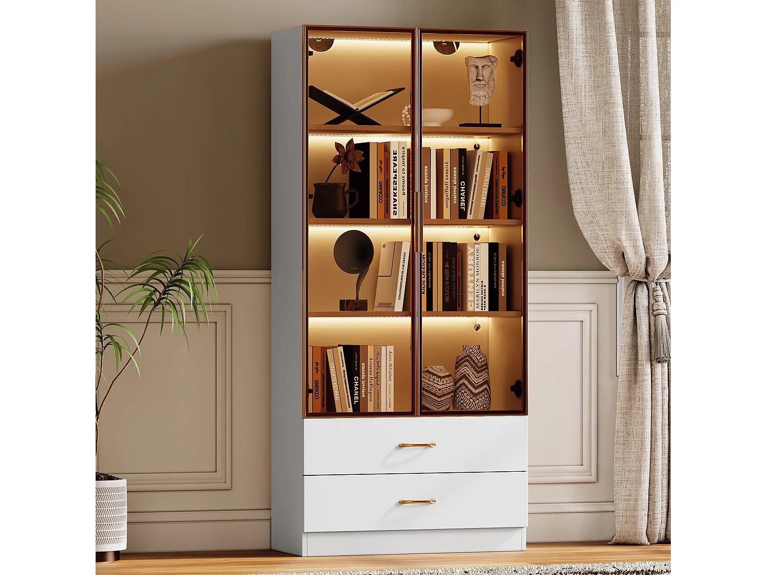 Vitrine, buffet haut avec 2 tiroirs et 2 portes en verre - 75 X 34.5 X 170 cm - Bois MDF - Marron