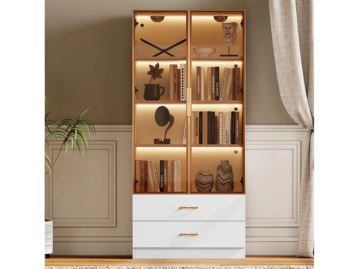 Vitrine, buffet haut avec 2 tiroirs et 2 portes en verre - 75 X 34.5 X 170 cm - Bois MDF - Marron