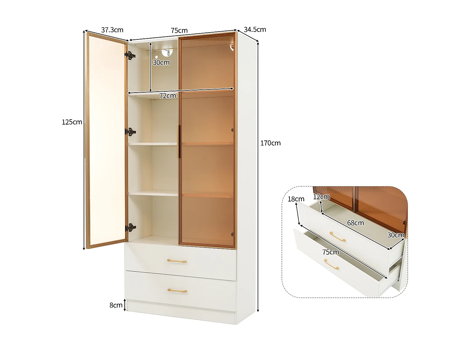Vitrine, buffet haut avec 2 tiroirs et 2 portes en verre - 75 X 34.5 X 170 cm - Bois MDF - Marron