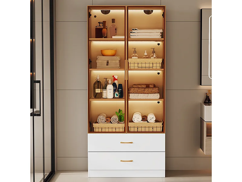 Vitrine, hohes Sideboard mit 2 Schubladen und 2 Glastüren - 75 X 34,5 X 170 cm - MDF-Holz - Braun