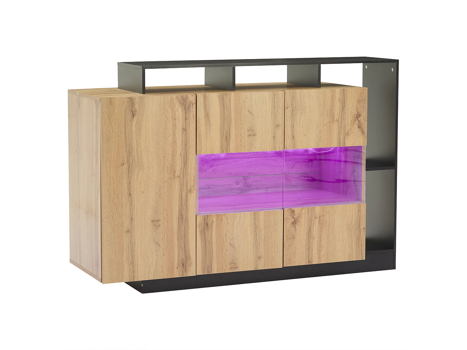 Credenza con 3 ante e ripiani portaoggetti - 140 x 44 x 93,5 cm - LED - Legno MDF - Naturale