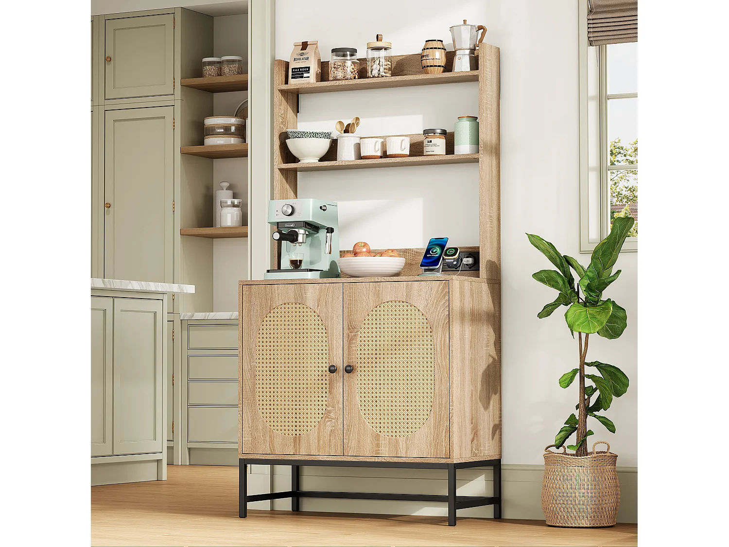 Buffet moderne avec 2 portes en rotin, étagères et prise USB - 80 x 40 x 160.5 cm - Bois MDF - Naturel