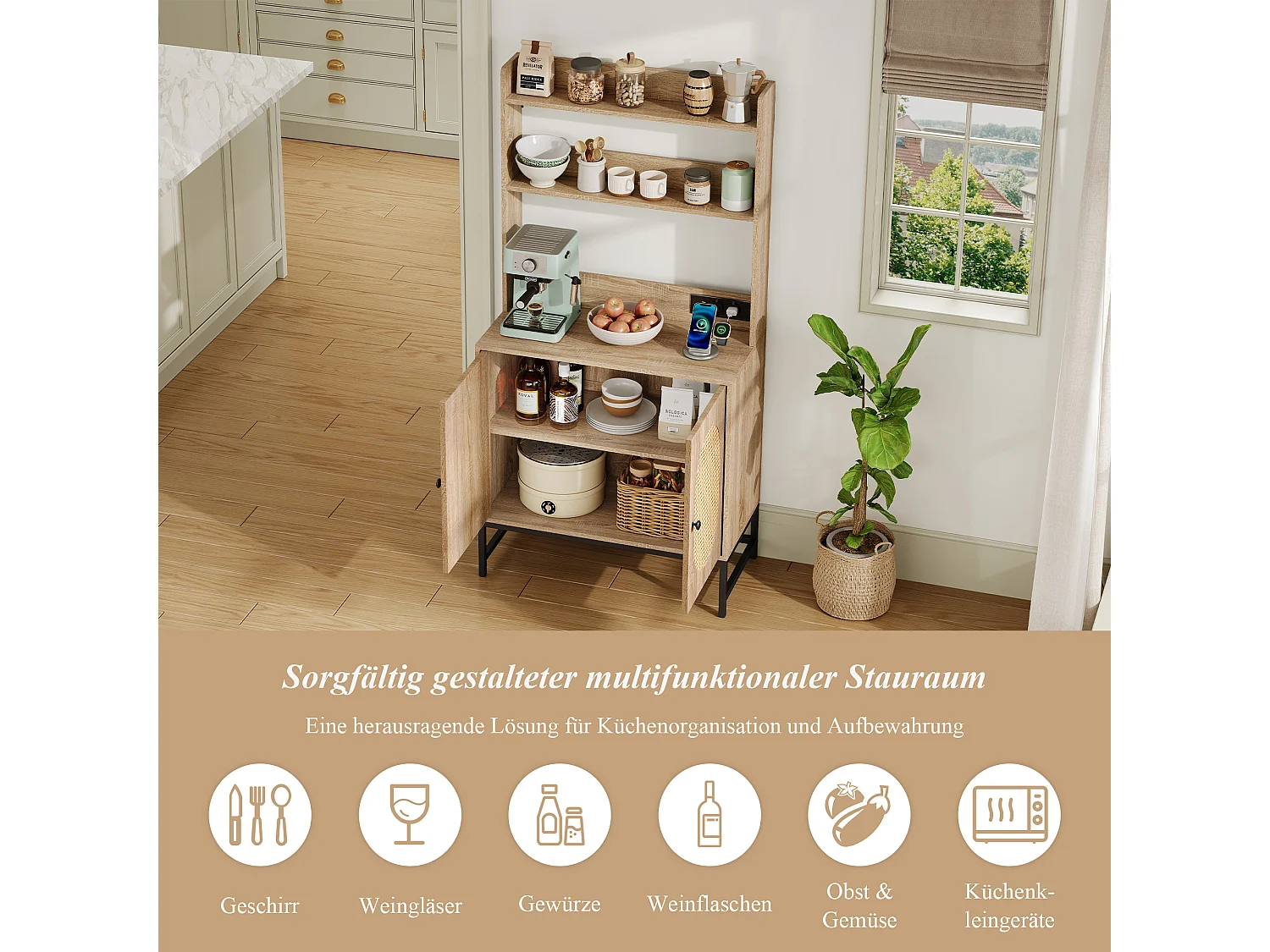 Buffet moderne avec 2 portes en rotin, étagères et prise USB - 80 x 40 x 160.5 cm - Bois MDF - Naturel
