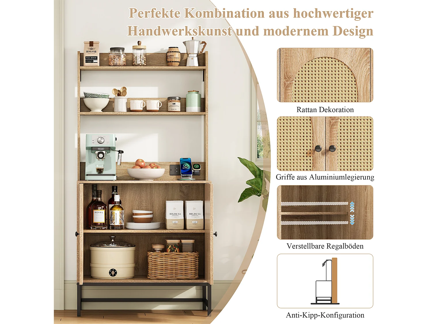 Buffet moderne avec 2 portes en rotin, étagères et prise USB - 80 x 40 x 160.5 cm - Bois MDF - Naturel