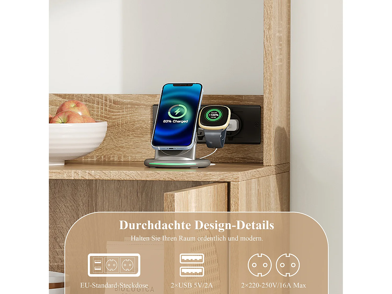 Buffet moderne avec 2 portes en rotin, étagères et prise USB - 80 x 40 x 160.5 cm - Bois MDF - Naturel