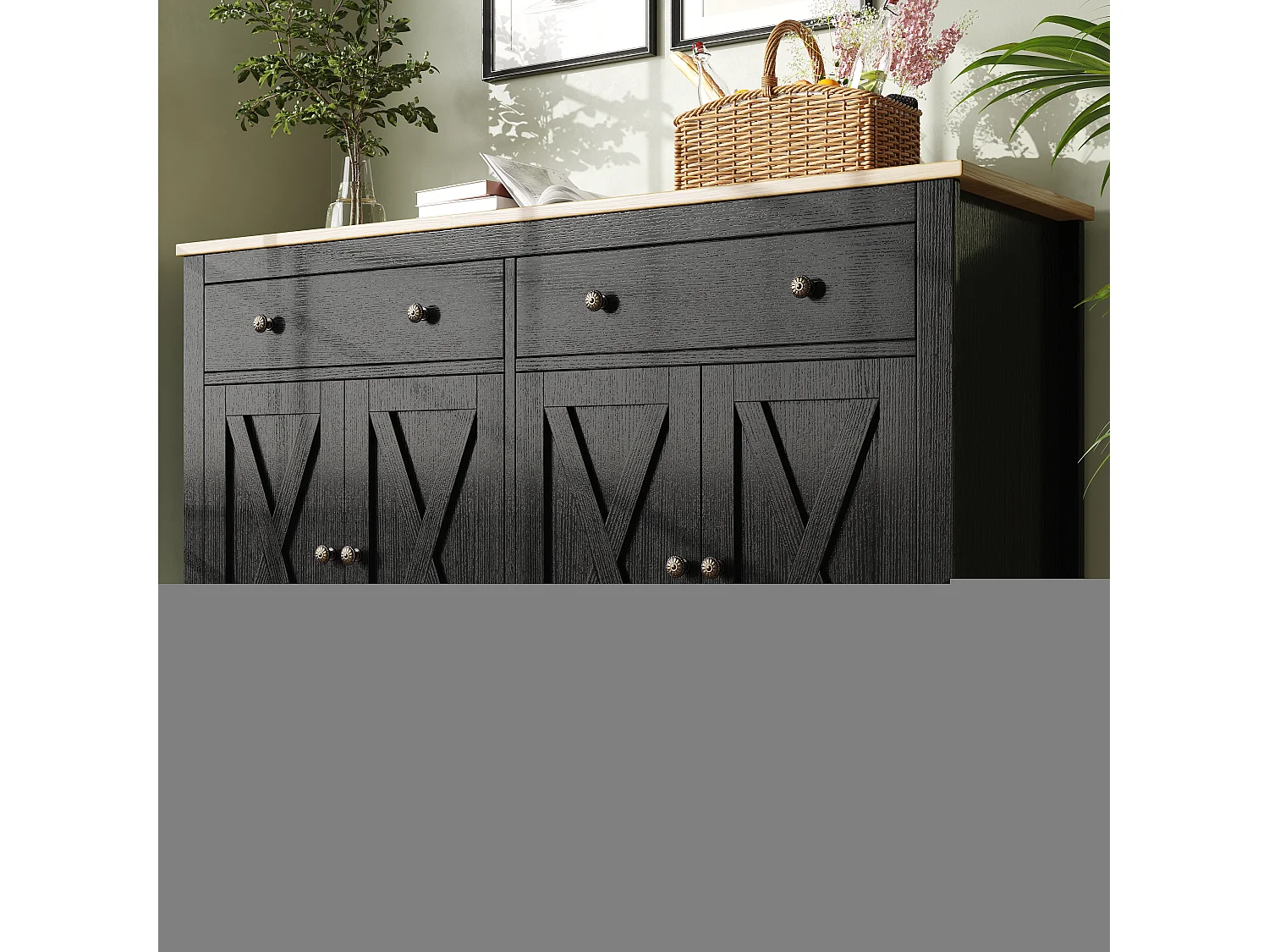 Credenza da cucina con 2 cassetti e 4 ante - 140 x 40 x 89 cm - Legno MDF - Nero + naturale