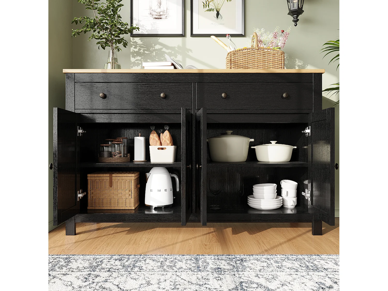 Credenza da cucina con 2 cassetti e 4 ante - 140 x 40 x 89 cm - Legno MDF - Nero + naturale