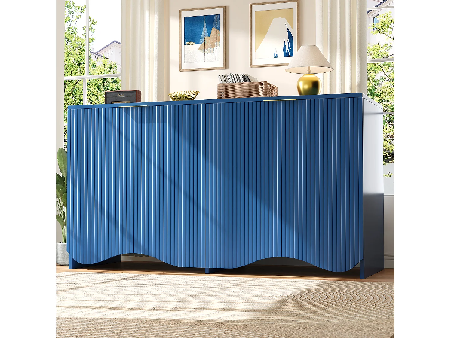 Buffet avec 4 portes - 140 x 40 x 85 cm - MDF + métal - pour salle à manger et salon - Bleu
