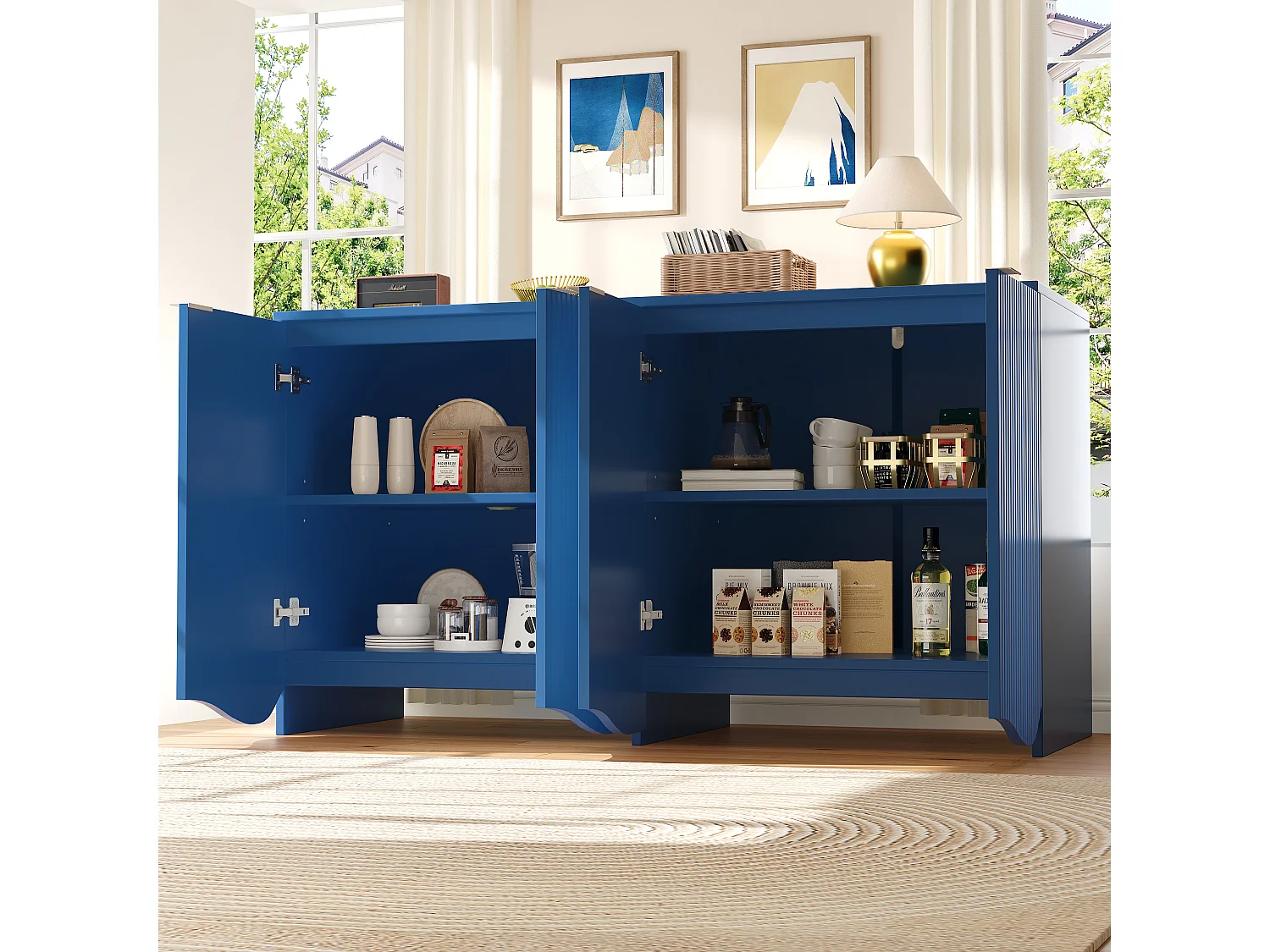 Buffet avec 4 portes - 140 x 40 x 85 cm - MDF + métal - pour salle à manger et salon - Bleu