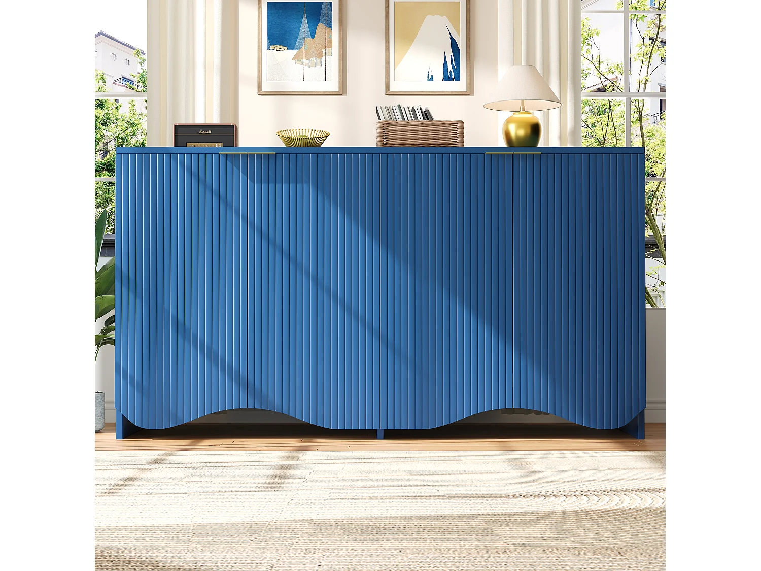Buffet avec 4 portes - 140 x 40 x 85 cm - MDF + métal - pour salle à manger et salon - Bleu