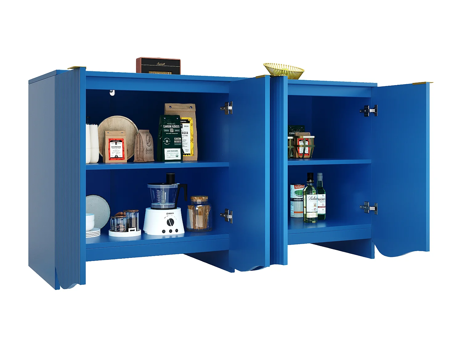 Buffet avec 4 portes - 140 x 40 x 85 cm - MDF + métal - pour salle à manger et salon - Bleu
