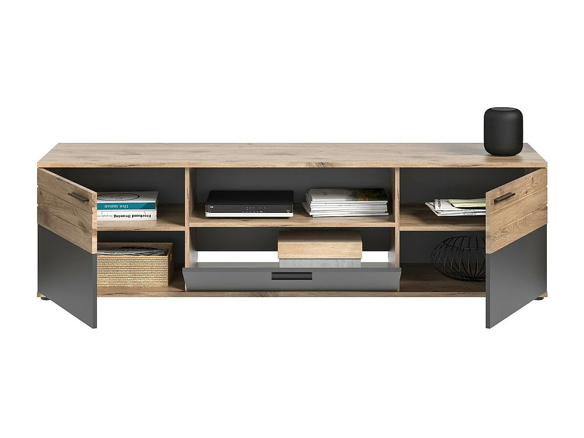TV-Möbel mit 2 Türen und 1 Schublade – Anthrazitgrau und helles Eichenholz – SELMA
