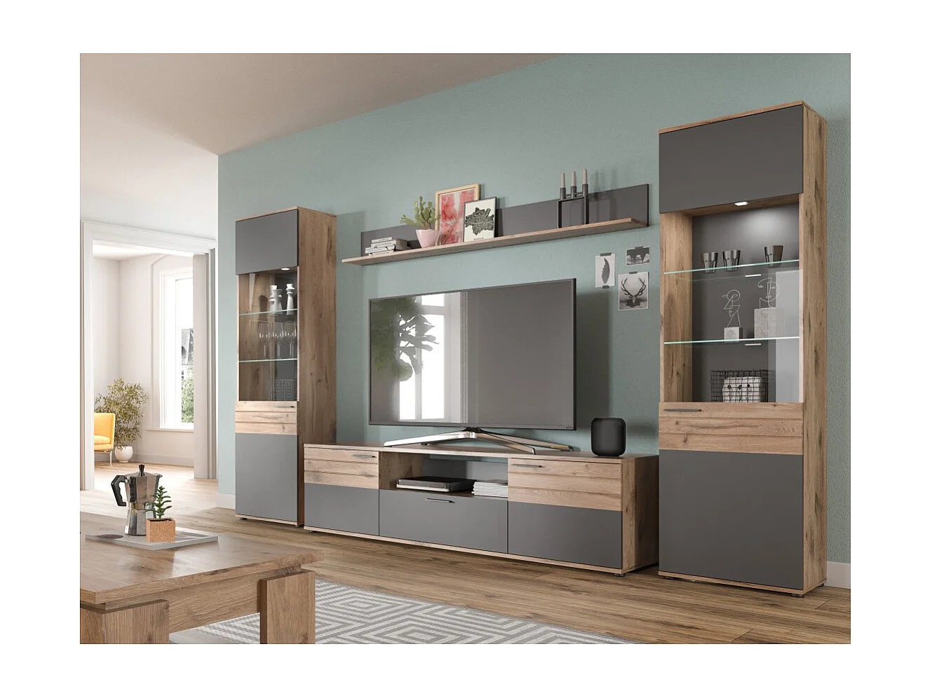 TV-Möbel mit 2 Türen und 1 Schublade – Anthrazitgrau und helles Eichenholz – SELMA