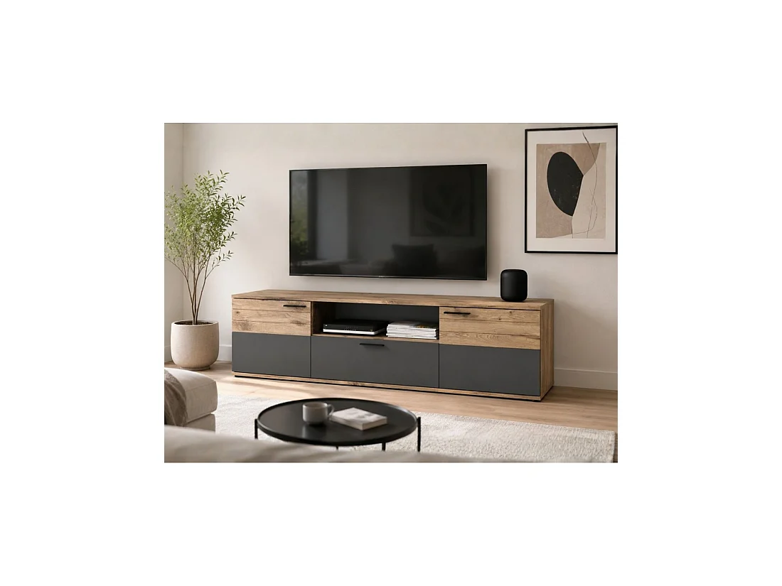 Meubel TV 2 deuren en 1 lade – Antracietgrijs en licht eiken – SELMA