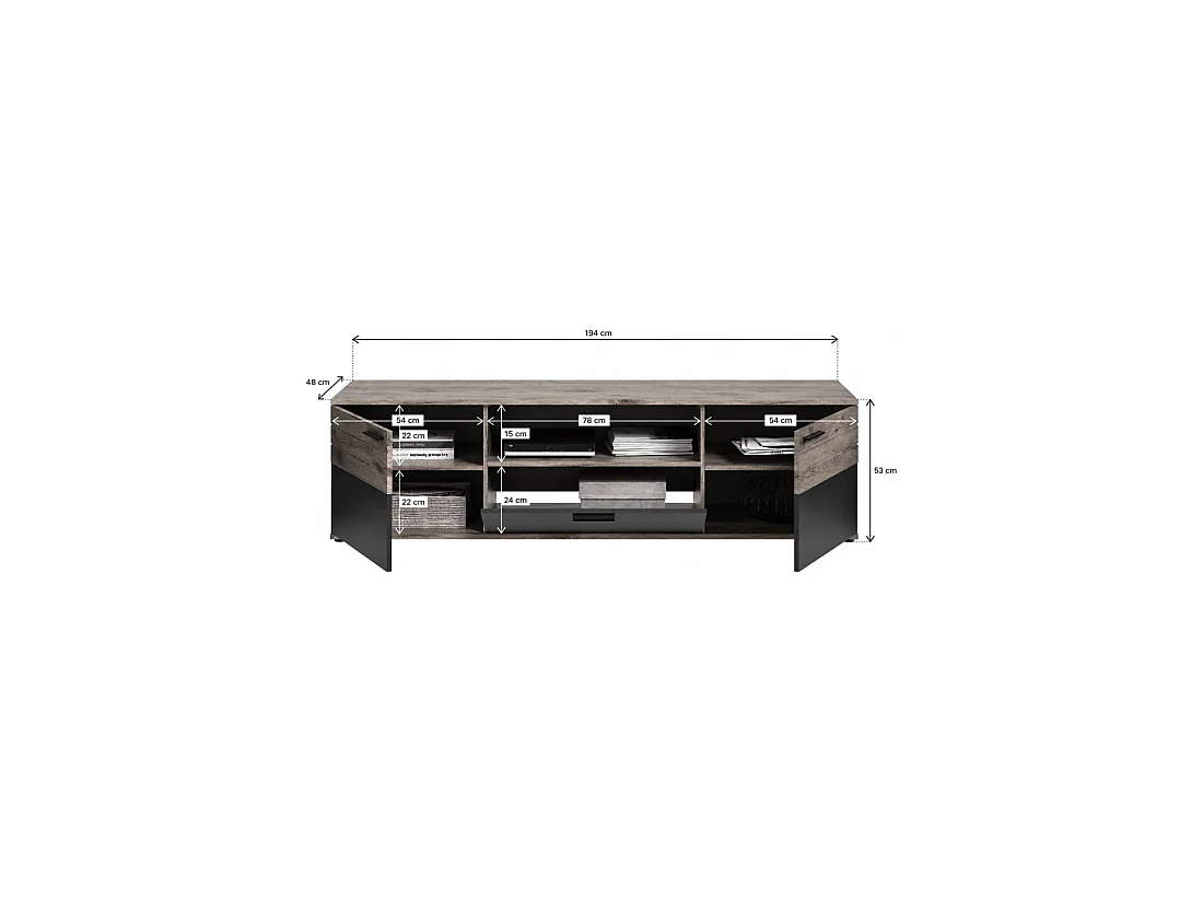 Meubel TV 2 deuren en 1 lade – Antracietgrijs en licht eiken – SELMA