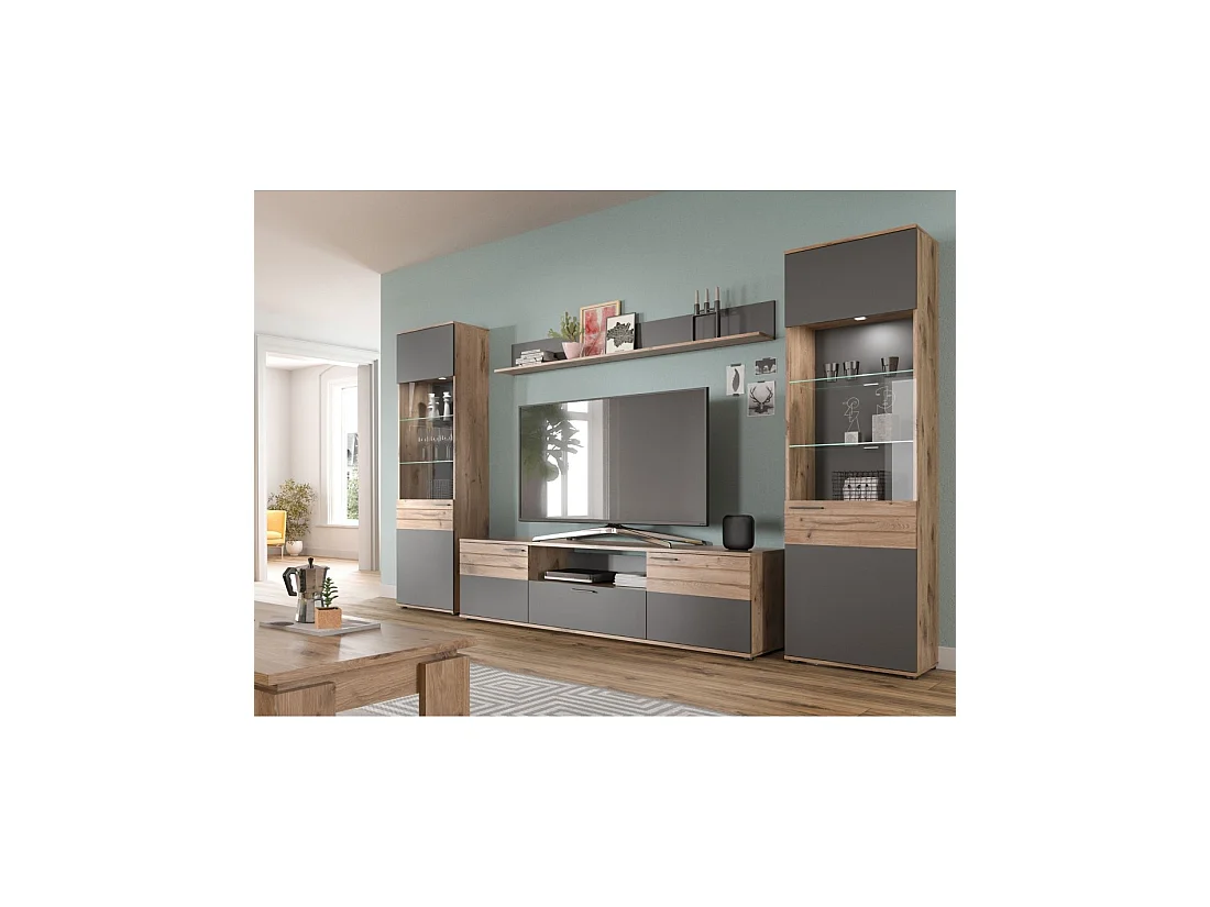 Meubel TV 2 deuren en 1 lade – Antracietgrijs en licht eiken – SELMA