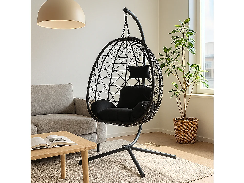 Hängesessel Schwarz mit Rattan-Effekt CUZCO mit Stahlgestell