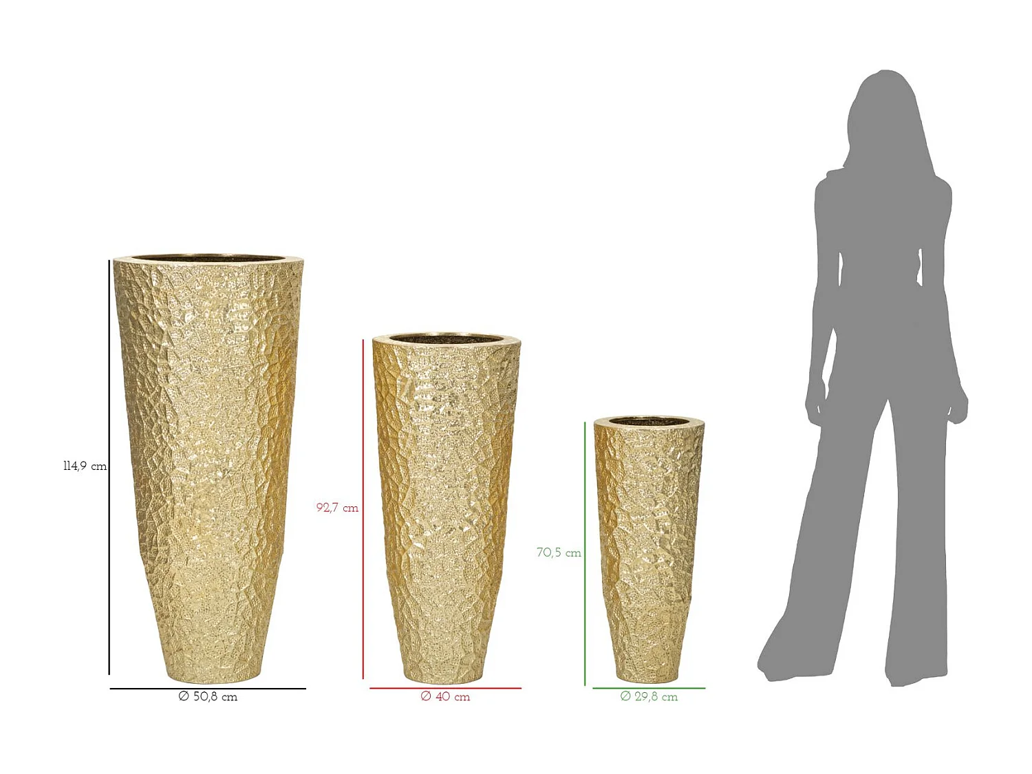 Lot de 3 Pots Décoratifs MF419, Or, 50,8x50,8x114,9 cm, Epikasa