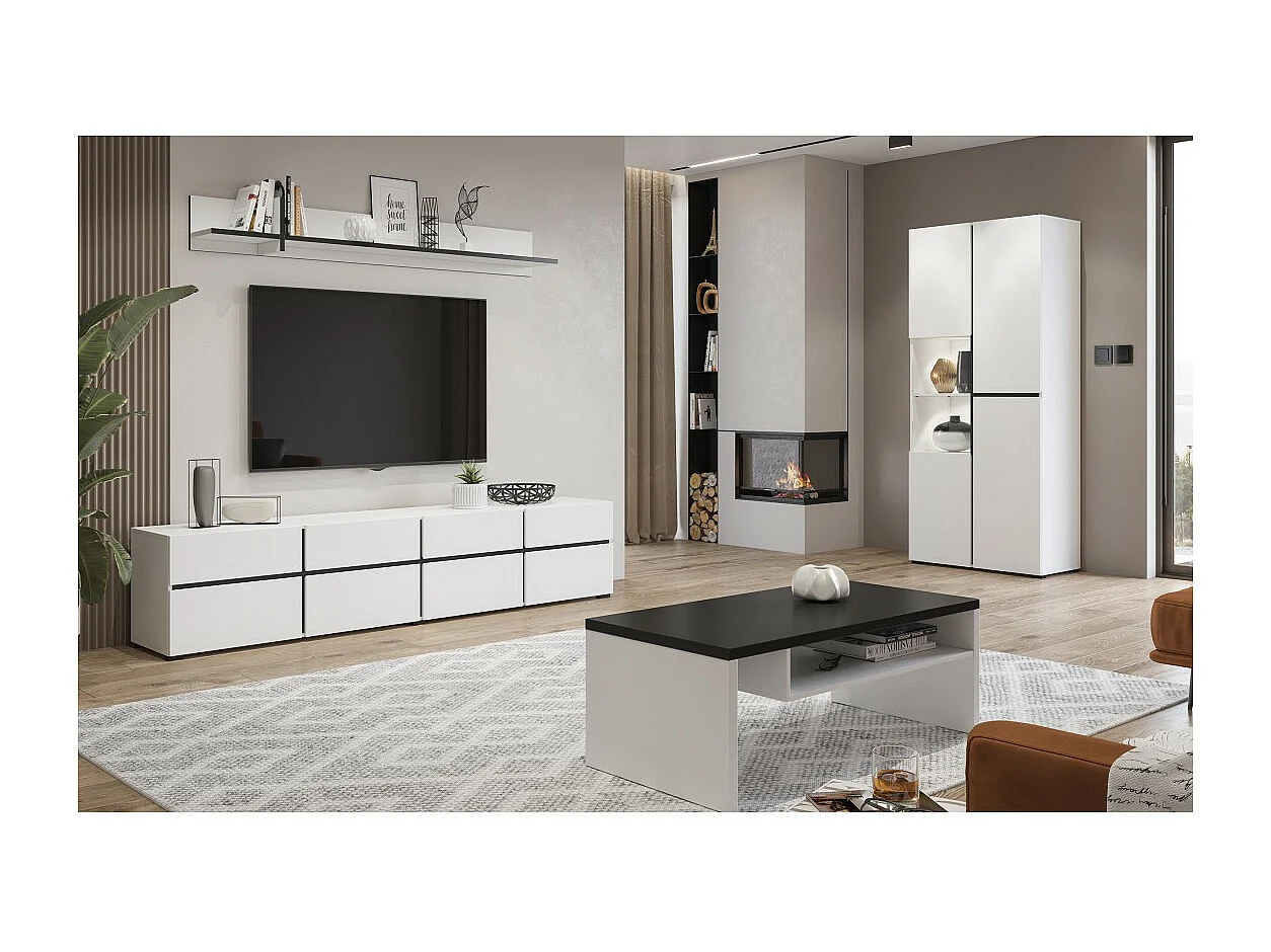Ensemble de 4 meubles collection HAVANA coloris blanc et noir. Meuble TV XL, vitrine, table basse, étagère