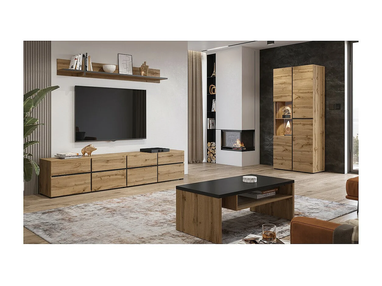 Conjunto de 4 muebles colección HAVANA en colores roble y negro. Mueble para TV XL, vitrina, mesa de centro, estantería.